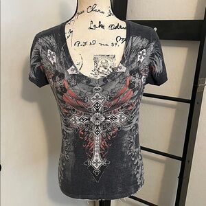 Angels & Diamonds Cross Allover Design Graphic V-Neck Pullover Shirt Gothic Emo